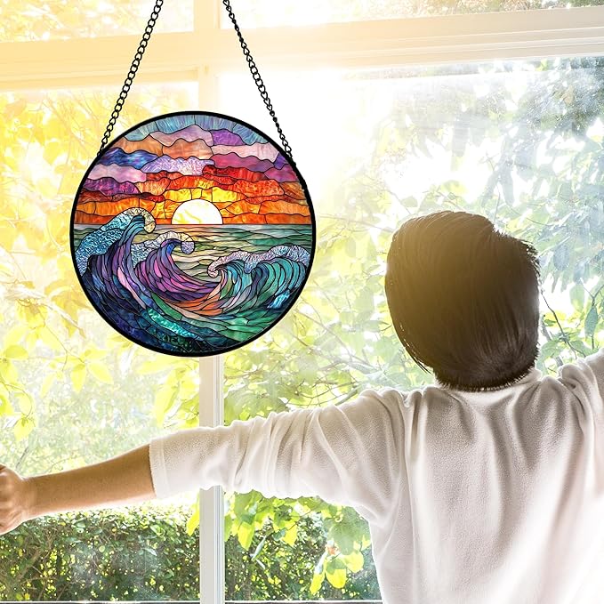 DASTOLL Stained Glass Window Hanging, Clouds and Sea Waves Suncatcher Diamond Glass Panel Hangings Scenery Sun Catchers Decor for Birthday for Women, Men, Wife, Aunt, and Mom 11.8 in