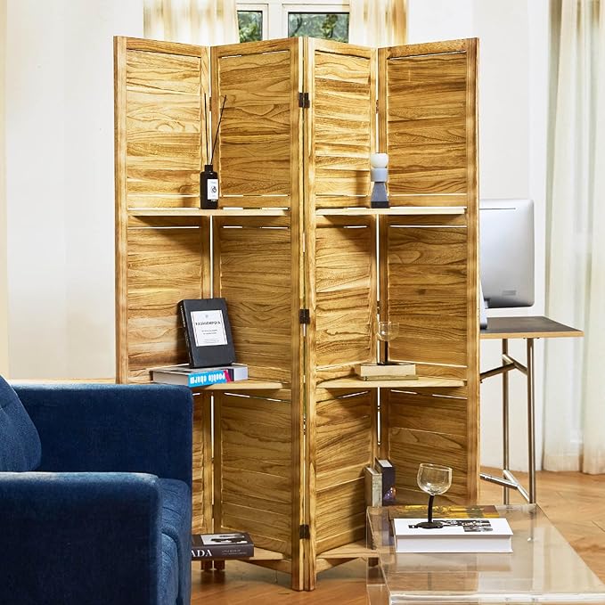 Partition Room Dividers, 67 * 51inch Folding Wood Privacy Screen with Three Display Shelves Suitable for Home Office, Study, Art Display - 4 Panel(Natural)