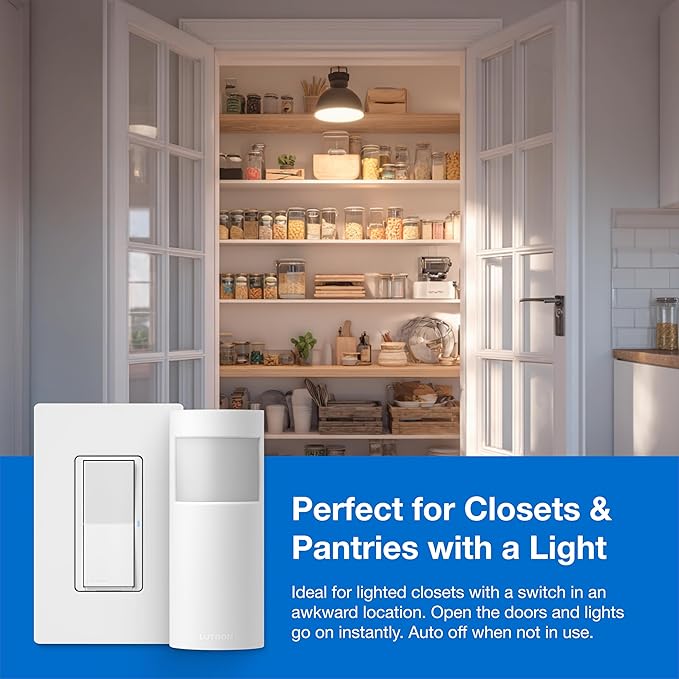 Lutron Wireless Motion Sensor and Claro Light Switch for Closets, Pantries, Basements, for Any Bulbs, Occupancy Vacancy Sensor, Single-Pole/ 3 Way, White