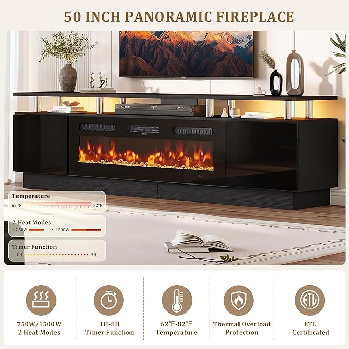 oneinmil 90'' Fireplace TV Stand with 50” Electric Fireplace, 2 Tier TV Console Stand for TVs Up to 100", LED Light Entertainment Center, Fireplace for The Living Room TV Stand, Black