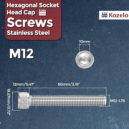 Kozelo 2pcs Socket Head Cap Screws - [M12-1.75 x 80mm] 304 Stainless Steel Allen Socket Drive for Electrical Motor 3D Printing Fan Engine Replacement Use, Silver