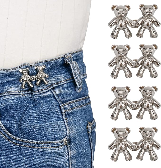 TOOVREN Cute Bear Button Pins for Loose Jeans - No Sew, No Tools Instant Pant Waist Tightener, 4 Sets Jeans Button Replacement Pant Clips for Waist Buckle