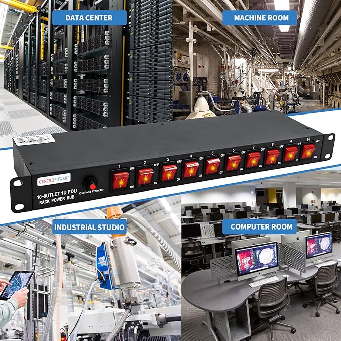 1U PDU Horizontal Rackmount Power Strip - Surge Protector 10 NEMA 5-15R Outlet 100V-240V/15A 1800 Joules, 10 Independent LED Switches, w/6 ft Cord, for Network Server, ETL Listed, by CENTROPOWER