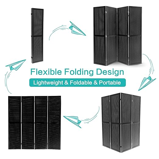 Babion 4 Panel Pegboard Display, Peg Board Room Divider Freestanding Folding Privacy Screens Display Stand for Craft Shows (Black)