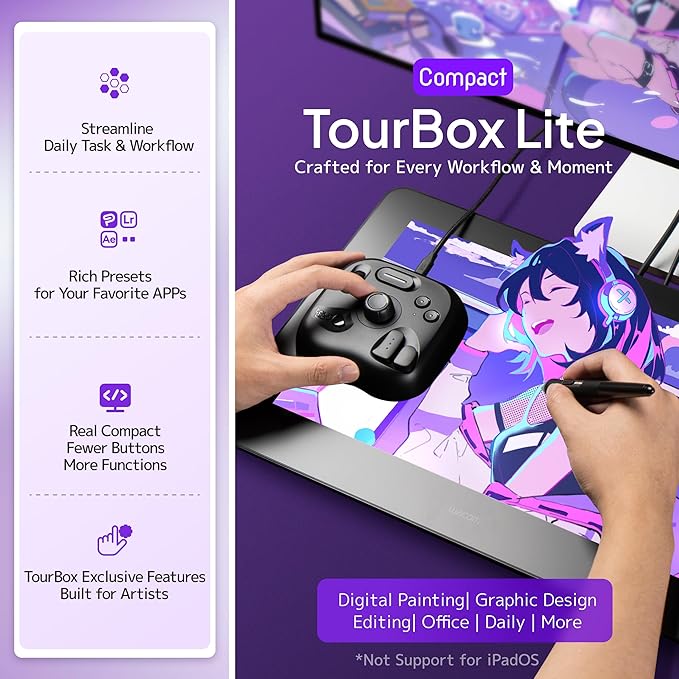 TourBox Lite - Editing Keyboard Compact, Artists Go-to Drawing Macro Keypad, Works with Clip Studio Paint & More, Creative Console Controller with Custom Software, Cable, Travel Bag - Wired Kit
