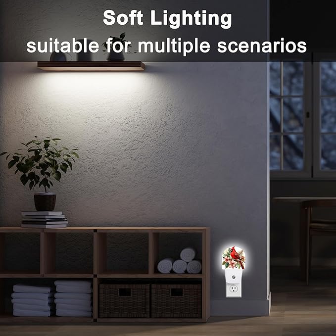 YESPOAK Night Light,Red Cardinal Bird Flowers Night Lights Plug Into Wall for Bedroom Bathroom Kitchen Hallway Stairs Hallway, Plug-in, Energy Efficient Decor Desk Lamp Gifts