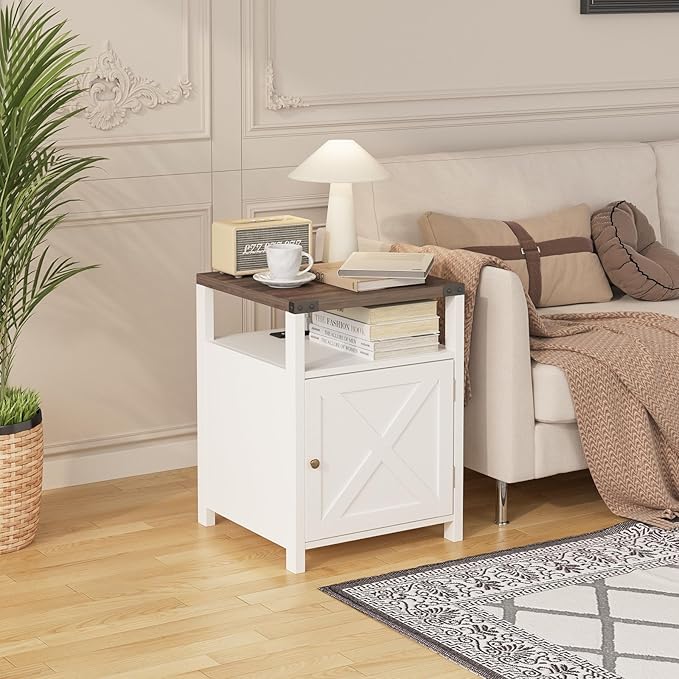 HOSEOKA Farmhouse Nightstand Set of 2 with Charging Station, Rustic End Table Bedroom with Storage Living Room Side Table White Night Stand Industrial Bedside Bed Table with USB Ports and Outlets