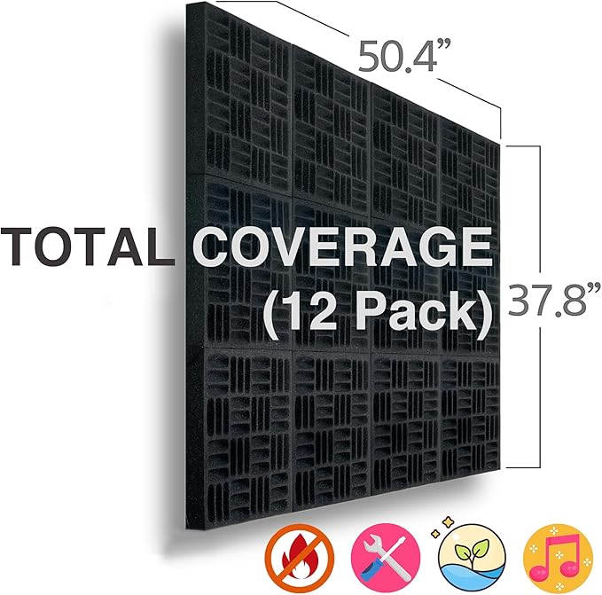Foroomaco 12 Pack Sound Proof Foam Panels for Walls, 12.6x12.6x2 Inches Grid Style Acoustic Panels for Home Studio Acoustic Treatment (Black)