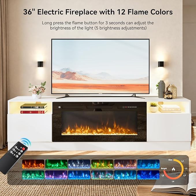 YISUFO 80” TV Stand with 36” Electric Fireplace, Large Modern Media Entertainment Center with Storage Cabinet and 12 Colors LED Lights for TVs Up to 90",White and Black