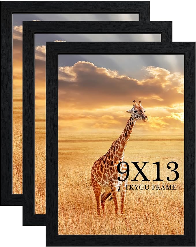 TKYGU 9 x13 Picture Frame Set of 3, 9 x13 Black Wooden Frame Wall Gallery Poster Photo frame with Shatter Resistant Plexiglass,Horizontal and Vertical Formats for Wall Hanging, best gift