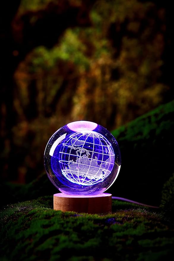 Conalisk 3D Earth Crystal Ball Lamp,3.15 inch K9 Crystal Ball Night Light with Wooden Base,Lifelike 3D LED Night Light,16 Colors Changing Light,Dimmable Remote Control,Desk lamp (D)
