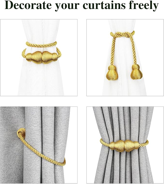Nieffeiy Magnetic Curtain Tiebacks Outdoor Curtain Tie Backs Rope Decorative Magnetic Curtain Holders for Drapes Window Treatment Holdbacks, Gold 4Pack