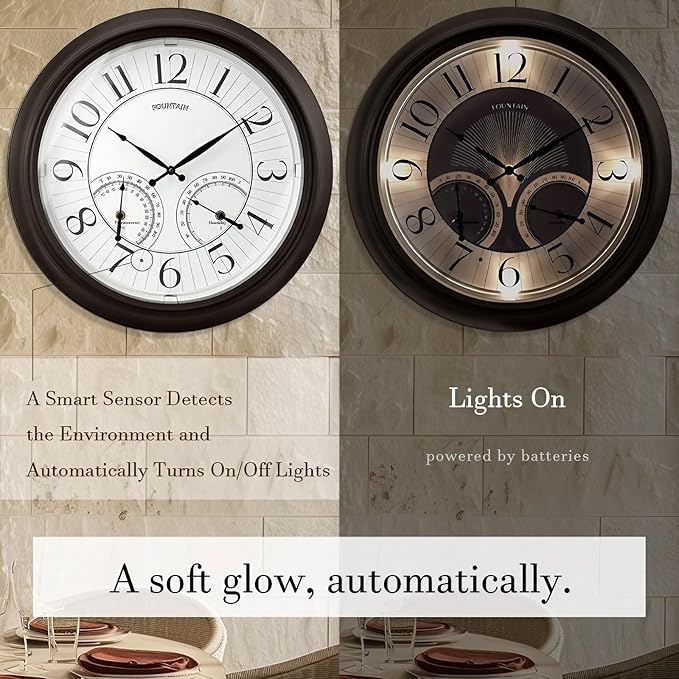 FOUNTAIN DESIGNS 18 Inch Illuminated in/Outdoor Clock with Smart Sensor and Night Light, Waterproof, Large Wall Clock with Thermometer & Hygrometer for Patio,Pool and Garden Decor,Oil Rubbed Bronze