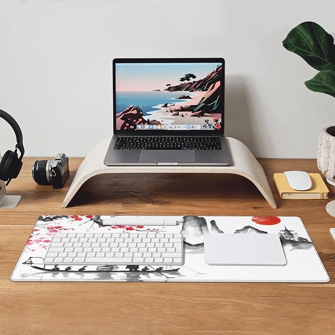 Japan Traditional Painting Extended Big Mouse Pad Large,XL Gaming Mouse Pad Desk Pad,31.5x11.8inch Long Computer Keyboard Mouse Mat Mousepad with 3mm Non-Slip Base for Home Office Work-Boating Sunset