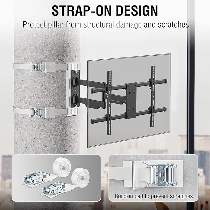 CondoMounts CLMTVA1064 Full-Motion Pillar Mount – Strap-on, No Drilling Required, Fits 37"- 80" TV, 110lbs Capacity