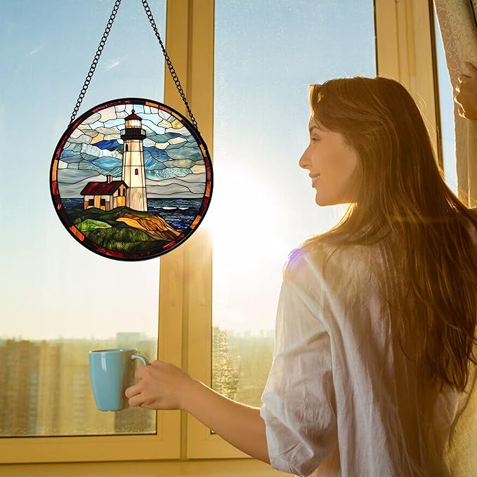 DASTOLL Stained Glass Window Hanging, Ocean Lighthouse Sun Catchers Glass Panel Blue Green Suncatcher Decor for Birthday for Women, Men, Wife, Aunt, and Mom 7.8 in