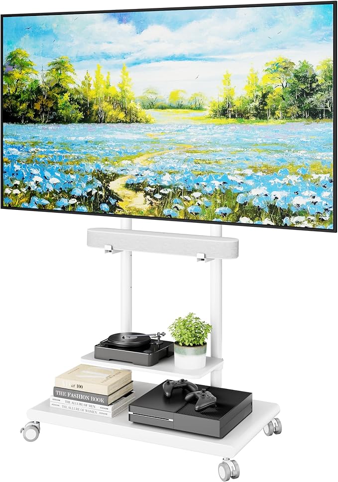 ECOTINY Steel Base Rolling TV Stand with Soundbar Mount for 50-90 inch TVs up to 154lbs, Swivel&Tilt Mobile TV Stand with Large Storage, Height Adjustable Heavy-Duty TV Cart, Max VESA 600x400mm, White