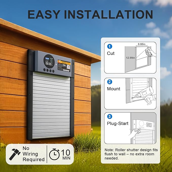 Automatic Chicken Coop Door – Solar Powered Auto Chicken Door with Light Sensor, Timer & Manual Control, 2500 mAh Battery +USB-C Backup, Aluminum,Waterproof, Anti-Pinch Safety, Fits Most Poultry Coops