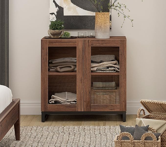WAMPAT Modern TV Stand with Glass Doors for 32-40 inch TVs, Entertainment Center TV Console with Adjustable Shelves for Living Room, Bedroom, Brown