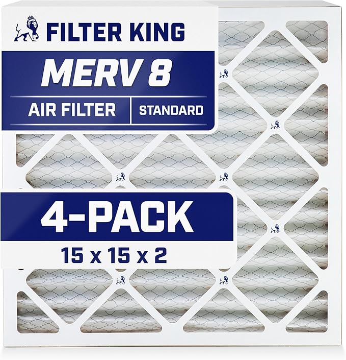 Filter King 15x15x2 Air Filter | 4-PACK | MERV 8 HVAC Pleated A/C Furnace Filters | MADE IN USA | Actual Size: 15 x 15 x 1.75"