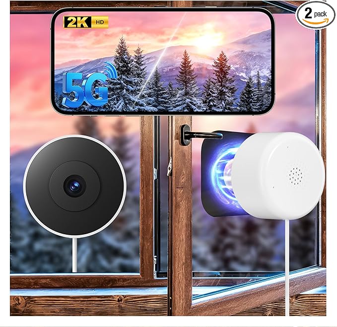 4MP/2K Window Camera for Home Security, 5G&2.4G WiFi Indoor Security Cameras, 2 Packs Outdoor Monitor Cam thru Glass Blacklight Color Night Vision, 24/7 Recording AI Human Detection, Easy Mag. Install