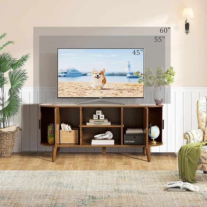 Mxtxmy 51" Fluted TV Stand, Mid-Century Modern Entertainment Center for Tvs up to 60" with Drawers and Fluted Doors, Curved TV Media Console Table with Sliding Doors for Living Room, Bedroom (51")