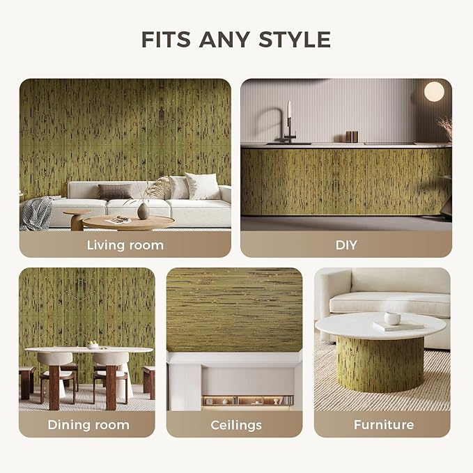 OUZUGIE 2 Pack 96x48 Inch Natural Bamboo Wall Panel – Green Burned Pole Wrap Paneling for Walls, Ceilings, Cabinets, Furniture – Ideal for Bedroom, Living Room & Office DIY Decor