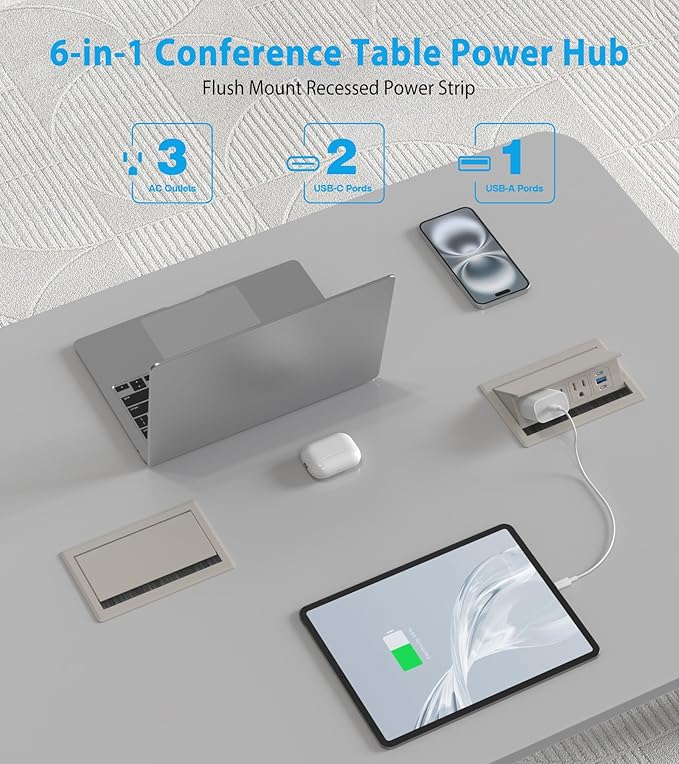 Recessed Conference Table Power Hub with 20W USB-C PD Fast Charging, Flush Mounted for Desks, Kitchens & RVs, 6FT Power Cord (Golden)