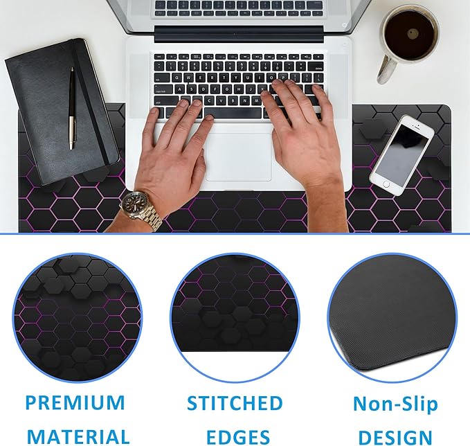 EOBKLAX Grid with Purple Light Large Gaming Mouse Pad,Waterproof Desk Mat for Desktop,Non-Slip Rubber Base Mousepad with Stitched Edges for Laptop Office and Home 35.4X15.7 Inch