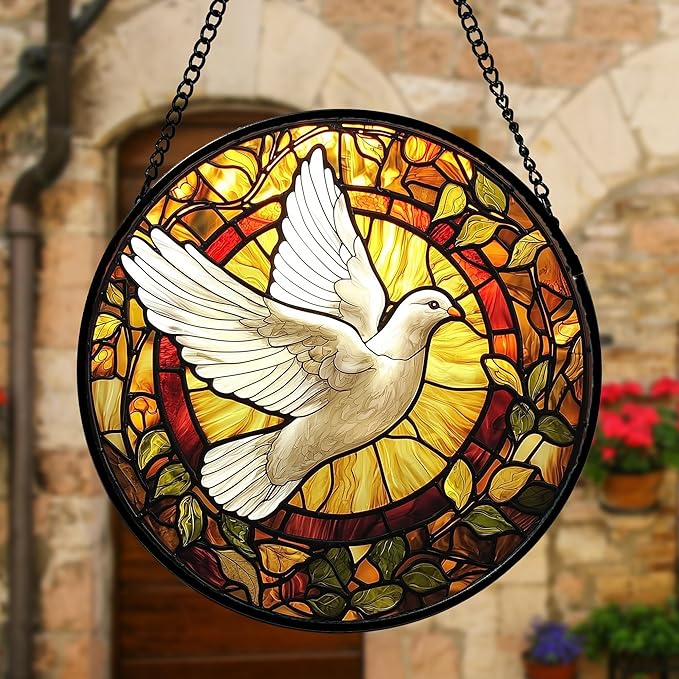 DASTOLL Stained Glass Window Hanging, Flying White Dove Sun Catchers Diamond Glass Panel Hangings Cute Birds Suncatcher Decor for Birthday for Women, Men, Wife, Aunt, and Mom 11.8 in