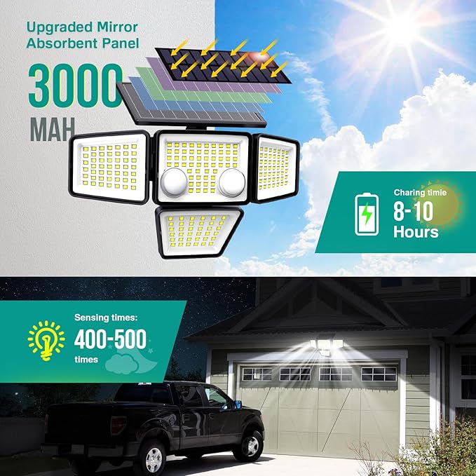 LYWALT Solar Outdoor Lights - 3000LM 188 LED Motion Sensor Outdoor Lights, 4 Heads Security Light,IP65 Waterproof, Easy Install,270°Wide Angle Flood Wall Light with 3 Modes for Backyard Yard (3 Pack)