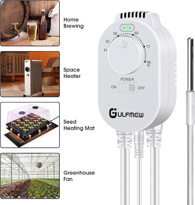 Plug in Thermostat for Heater, Thermostat Plug Outlet with 4.9FT Power Cord, Heating and Cooling Thermostats Outlet with Temperature Probe for Space Heater, Greenhouse Fan(White,1 Pcs)