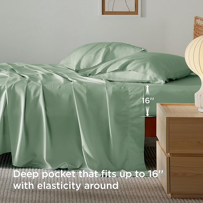 Bedsure California King Sheet Sets, Cooling Sheets, Rayon Derived from Bamboo, Breathable & Soft, Deep Pocket Up to 16 Inches, Hotel Luxury Silky Bedding for Hot Sleepers, Sage Green