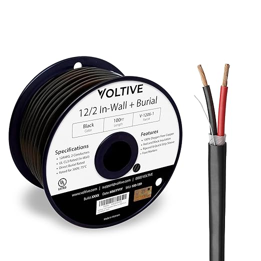 Voltive 12/2 Speaker Wire, in-Wall CL3 & Direct Burial, Black, 100ft - 12AWG, 2 Conductors, Stranded Oxygen-Free Copper, UL Listed - V-1206-1