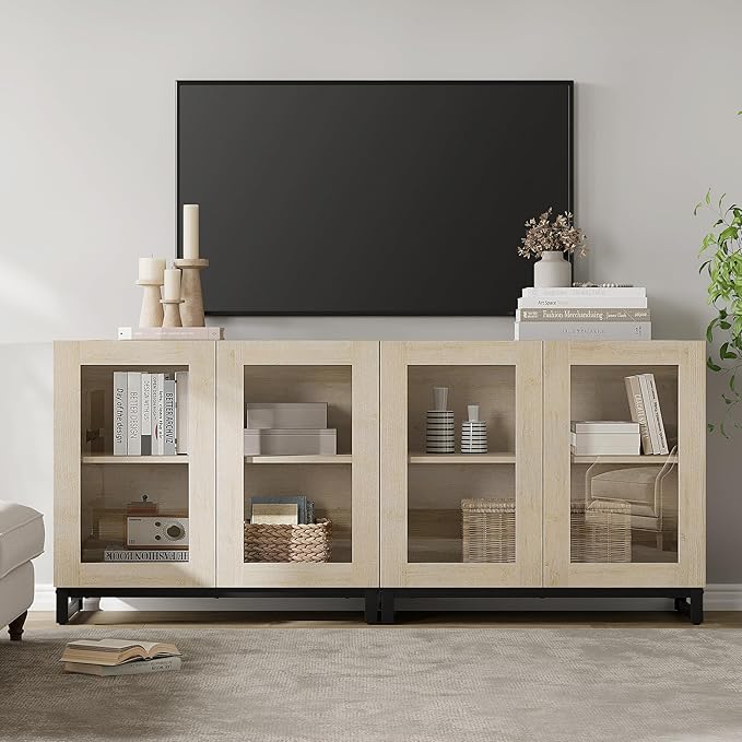 WAMPAT Modern TV Stand with Glass Doors for 32-70 inch TVs, 2 in 1 Entertainment Center Console with Adjustable Shelves for Living Room, Bedroom, Light Oak
