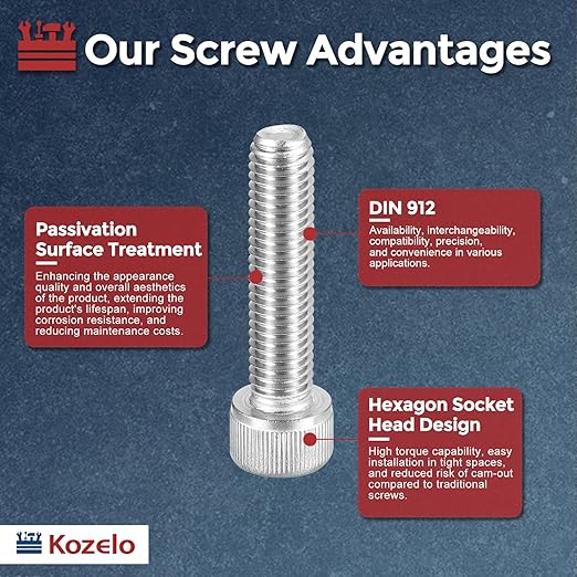 Kozelo 6pcs Socket Head Cap Screws - [M10-1.5 x 45mm] 304 Stainless Steel Allen Socket Drive for Electrical Motor 3D Printing Fan Engine Replacement Use, Silver