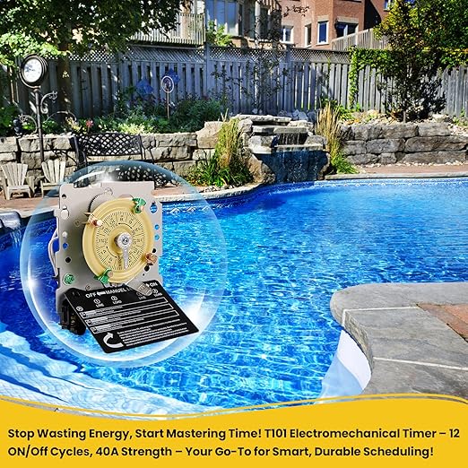 T104M Mechanical Timer Switch (Mechanism Only),208-277 VAC 5HP 40A DPST Pool Pump Timers Replacement,24-Hour 12 ON/Off Electromechanical Timer Switch for Pool Pump Water Heater Lighting
