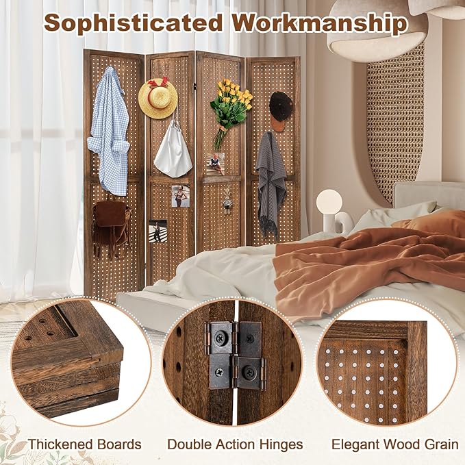 Giantex 4 Panel Pegboard Display & Room Divider, 5.6FT Folding Pegboard Stand for Crafting Show Jewelry Retail, Freestanding Privacy Screen, Wooden Partition Wall Divider for Room Separation, Brown