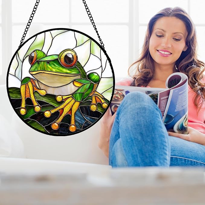 DASTOLL Stained Glass Window Hanging, Green Frog White Petals Sun Catchers Colorful Glass Panel Cute Suncatcher Decor for Birthday for Women, Men, Wife, Aunt, and Mom 14.9x14.9 in