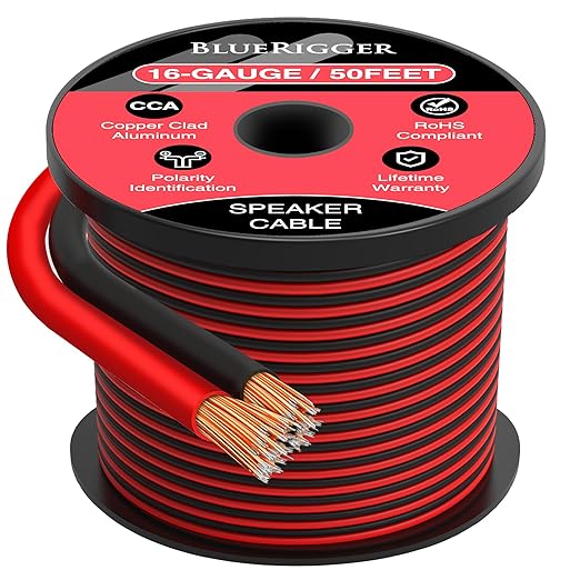 BlueRigger 16 Gauge Speaker Wire (50FT, 16 AWG, Speaker Cable, CCA, HiFi Stereo, Polarity Identification) - Car Audio Wire for Home Theater, Surround Sound Systems, Automotive Amps, Banana Plugs