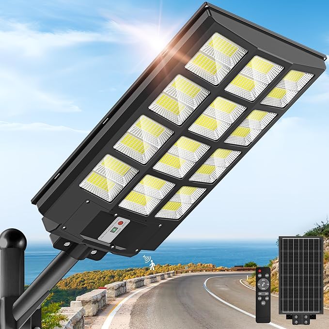 OKPRO Solar Lights Outdoor Waterproof, 8000W Solar Street Light with Motion Sensor, 7000K Dusk to Dawn Security Flood Lights IP66, Commercial Outdoor Lighting for Parking Lot, Yard, Driveway, Farm