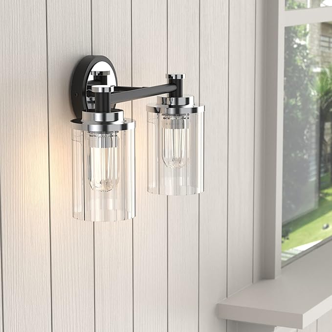 PHIXART Bathroom Lighting Fixtures Black and Chrome Bathroom Vanity Light with Cylindrical Clear Stripes Glass Lampshade E26 Socket Base Bathroom Lighting Fixtures Over Mirror (2 Lights)
