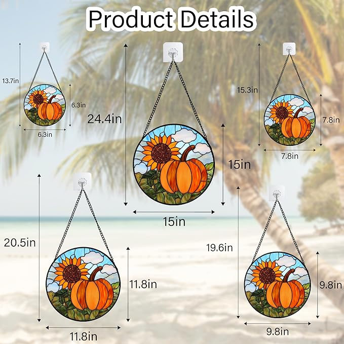 DASTOLL Stained Glass Window Hanging Fall Farm Scenery Sunflower Pumpkin 7.8" - Suncatcher Door Garden Kitchen Sunroom Sun Catcher Home Decor Birthday for Mom Grandma Men Woman