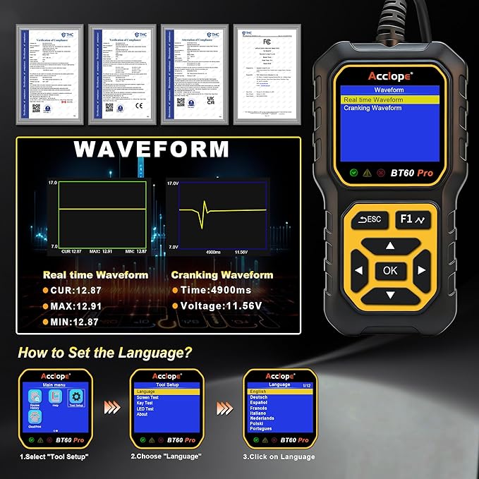 Acclope BT60 Pro Car Battery Tester, Digital Analyzer with Cloud Printing, 100-3000 CCA Range for 6V/12V/24V AGM, Lithium, Gel Batteries, Automotive Charging System