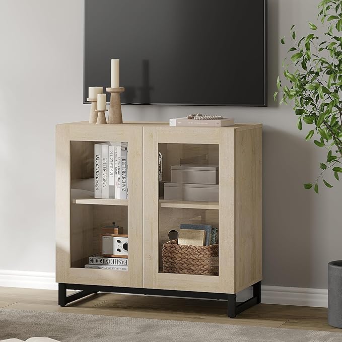 WAMPAT Modern TV Stand with Glass Doors for 32-40 inch TVs, Entertainment Center Console with Adjustable Shelves and Metal Base for Living Room, Bedroom, Light Oak