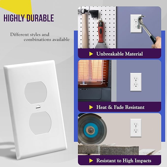 Enerlites 8821-W Duplex Receptacle Outlet Wall Plate, Standard Size 1-Gang, Polycarbonate Thermoplastic, White