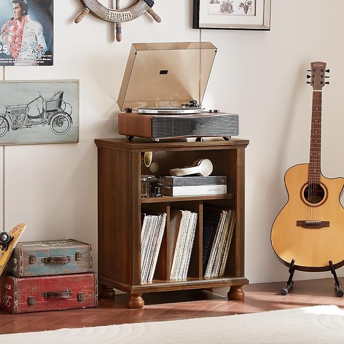 Joaxswe Record Player Stand with Vinyl Record Storage, 24" Wide Mid-Century Record Player Table Up to 200 Albums,Large Wood Turntable Stand Cabinet Dispaly Shelf for Living Room,Bedroom,Brown