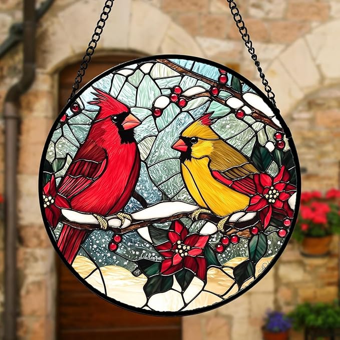 DASTOLL Stained Glass Window Hanging, Love Birds Cardinals Sun Catchers Colorful Glass Panel Birds Suncatcher Decor for Birthday for Women, Men, Wife, Lovers, and Mom 14.9x14.9 in