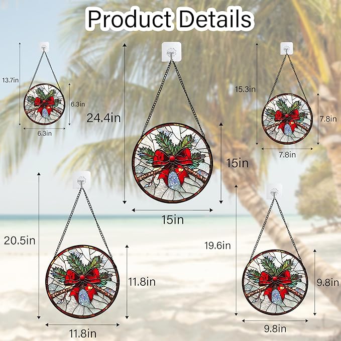 DASTOLL Stained Glass Window Hanging - Pine Branches Red Bow Suncatcher for Doors Home Christmas Decoration Silver Sun Catcher Thanksgiving New Year Birthday Gifts for Women Men Mom Nana 6.3 in