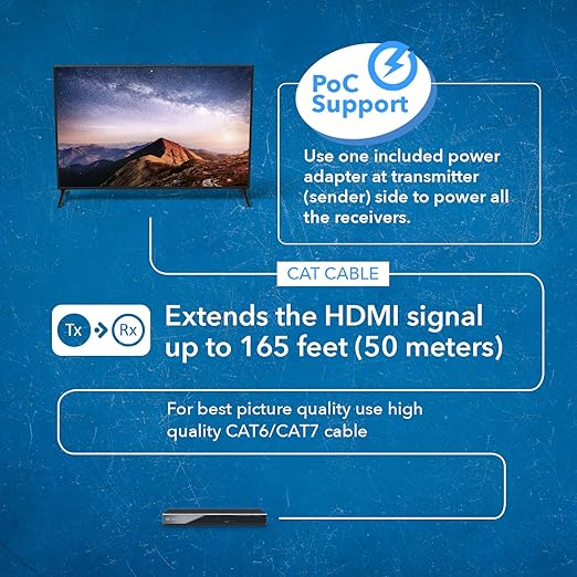 OREI 4K 1x2 HDMI Over ethernet Extender Splitter Over CAT6/7 ethernet Cable 4K@30Hz up to 165 ft - 1 in 2 Out, 1080P@60Hz Upto 230 ft, PoC, IR Control, EDID, HDMI Loop Out (HD12-EX165-K)
